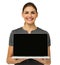 Happy Businesswoman Showing Laptop