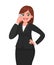 Happy businesswoman speaking on the phone holding hand on hip. Telecommunication, technology and mobile or smartphone concept.