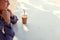 Happy businesswomen and ice coffee on the table at the coffee shop