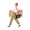 Happy buyer walking with purchase in hands. Man courier carrying big cardboard box. Modern postman from delivery service
