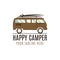 Happy camper logo design. Vintage bus illustration. RV truck emblem. Van icon template. Surfing equipment. Caravan