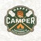 Happy camper patch. Happiness is toasted marshmallows. Vector. Vintage typography design with camping tent, campfire