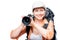 Happy camper photographer with a large camera on a white