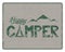 Happy camper poster template. Tent, mountains and text sign. Retro colors design. Hiking emblem. Stock vector isolated
