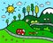 Happy camping landscape hand drawn illustration with colorful elements