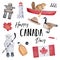 `Happy Canada Day` greeting card design with national flag, various country elements and positive animal characters