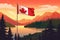 Happy Canada day scenic view across a calm lake to a vast mountian range with a Canadian flag flying high