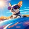 Happy canine in sunglasses perched atop a vibrant blue car, AI-generated.