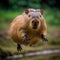 Happy capybara running outdoors. AI generative illustration