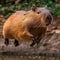 Happy capybara running outdoors. AI generative illustration