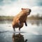 Happy capybara running on water. AI generative illustration