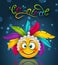 Happy Carnival Festive Lettering, Smile Emoji with Feather Headdress