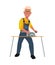 Happy carpenter working with circular saw. Vector illustration in a flat style.