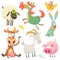 Happy cartoon animals. Farm animals. Vector illustration of cow horse chicken bunny rabbit pig goat and sheep.