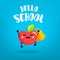 Happy cartoon apple schoolboy with backpack on blue background. Back to school card. Vector