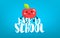 Happy cartoon apple sitting on the letters. Back to school card. Vector