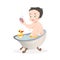 Happy cartoon baby kid having bath in a bathtub holding soap and a washcloth