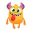 Happy cartoon baby monster showing long tongue. Halloween vector orange and horned monster