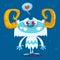 Happy cartoon bigfoot in love. Halloween vector yeti character with white fur and horns on blue background