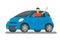 Happy cartoon caucasian male rides in blue car