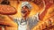 Happy cartoon comic style Italian chef with mustache and pizza. Restaurant.