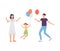 Happy cartoon family with balloons jumping from happiness.