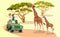 Happy cartoon family looking at tall beautiful giraffe