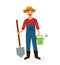 Happy cartoon farmer hold shovel and watering can. Agricultural worker with hat and mustache on isolated background. Flat farmer