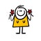 Happy cartoon female stickman holding spring flowers holiday gift.