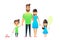 Happy cartoon flat family portrait. Mother, father, son, daughter together. Mom and dad embrace, the brother is carrying