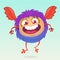 Happy cartoon flying monster. Halloween vector fluffy purple monster.