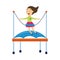 Happy cartoon girl jumping on bungee trampoline with safety harness