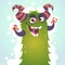 Happy cartoon green and fluffy horned monster. Halloween vector character postcard