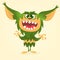 Happy cartoon gremlin monster. Halloween vector goblin or troll with green fur and big ears