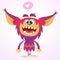 Happy cartoon gremlin monster in love. Halloween vector goblin or troll with pink fur and big ears. Isolated
