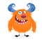 Happy cartoon horned monster. Halloween vector illustration of orange monster character.