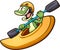Happy cartoon iguana riding a kayak
