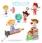 Happy cartoon kids in classroom, education concept, back to school template with kids, Kids go to school