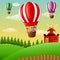 Happy cartoon kids flying in a hot air balloon in the farm