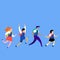 Happy cartoon kids running to school. Pupils different gender and nationalities going to school