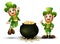 Happy cartoon leprechauns with pot of gold coins