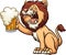 Happy cartoon lion holding up a beer