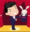 A happy cartoon magician pulling a rabbit out of h