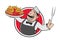 Happy cartoon man serving delicious German specialty Currywurst mit Pommes