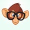 Happy cartoon monkey head wearing glasses. Vector icon of chimpanzee