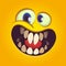 Happy cartoon monster face. Vector Halloween excited orange monster with big mouth smile.