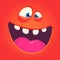 Happy cartoon monster face. Vector Halloween excited red monster with wide mouth.