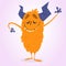 Happy cartoon monster. Halloween orange and horned monster. Funny monster expressions.
