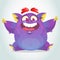 Happy cartoon monster. Halloween vector fat purple monster sitting.