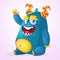 Happy cartoon monster. Halloween vector horned fat monster sitting and presenting.